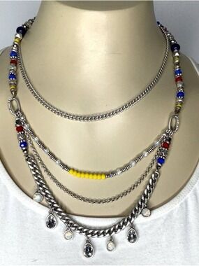 Premier Multilayer Silver Chain Necklace with Yellow, Blue & Red Beads
